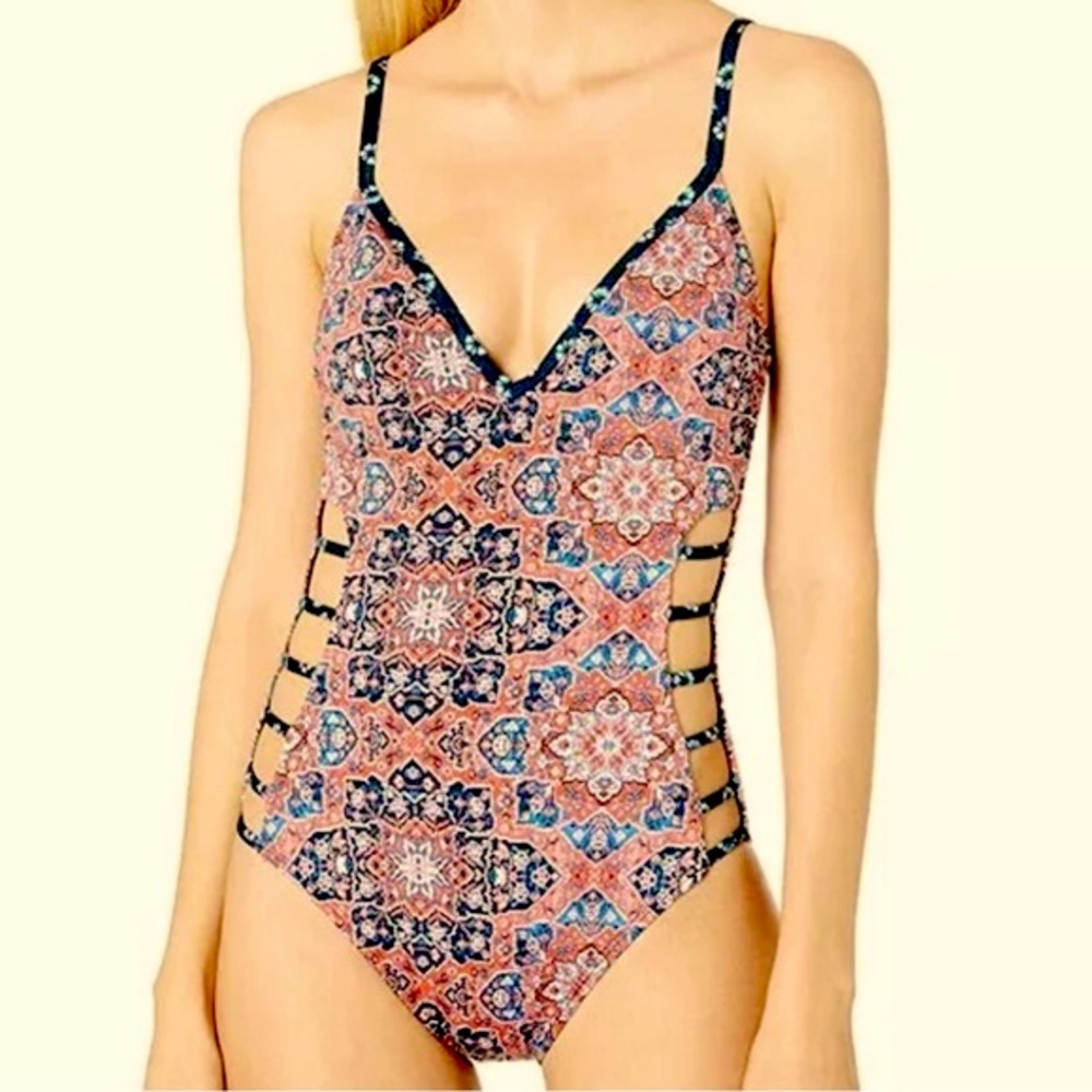 Lucky Brand Festival Medallion print one piece swimsuit size small red blue